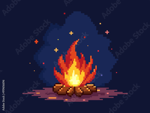 Pixel art campfire. Red bonfire, fire wood burning with big flame and sparks on dark night background. 8 bit pixel video game style vector isolated set
