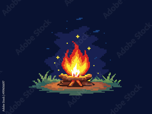 Pixel art campfire. Red bonfire, fire wood burning with big flame and sparks on dark night background. 8 bit pixel video game style vector isolated set
