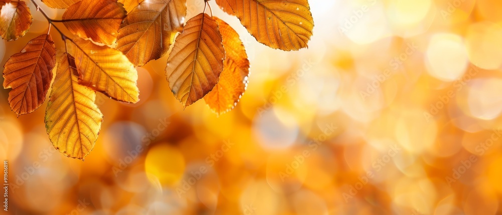 A tight shot of a tree branch, adorned with yellow leaves, against a hazy backdrop of leafy depth A tight shot of a tree branch, adorned with yellow leaves, against a hazy backdrop of leafy depth