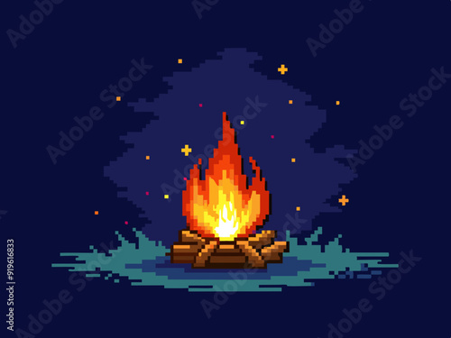 Pixel art campfire. Red bonfire, fire wood burning with big flame and sparks on dark night background. 8 bit pixel video game style vector isolated set
