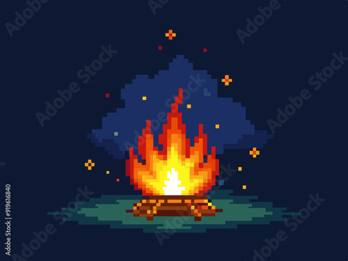 Pixel art campfire. Red bonfire, fire wood burning with big flame and sparks on dark night background. 8 bit pixel video game style vector isolated set
