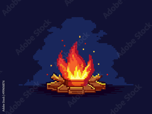 Pixel art campfire. Red bonfire, fire wood burning with big flame and sparks on dark night background. 8 bit pixel video game style vector isolated set
