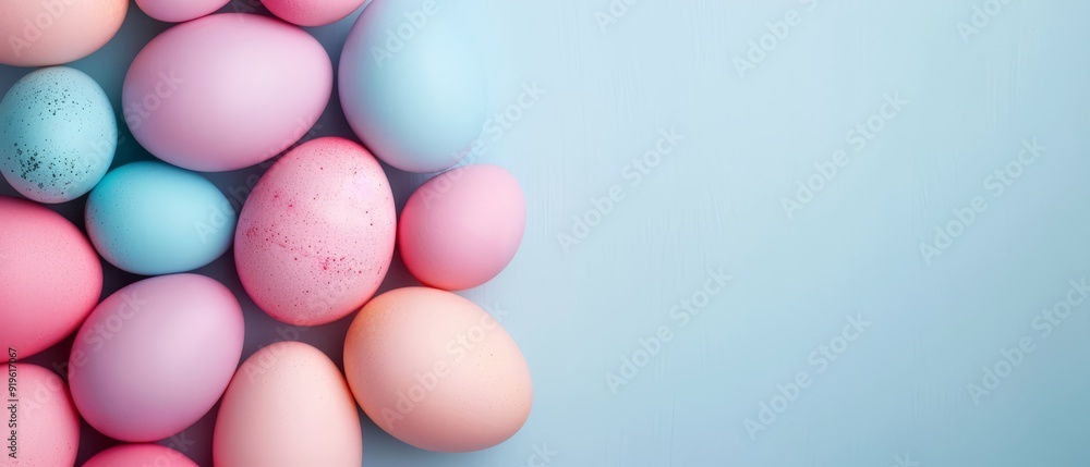 A pastel-hued egg cluster with speckles against a light blue backdrop A pastel-hued egg cluster with speckles against a light blue backdrop