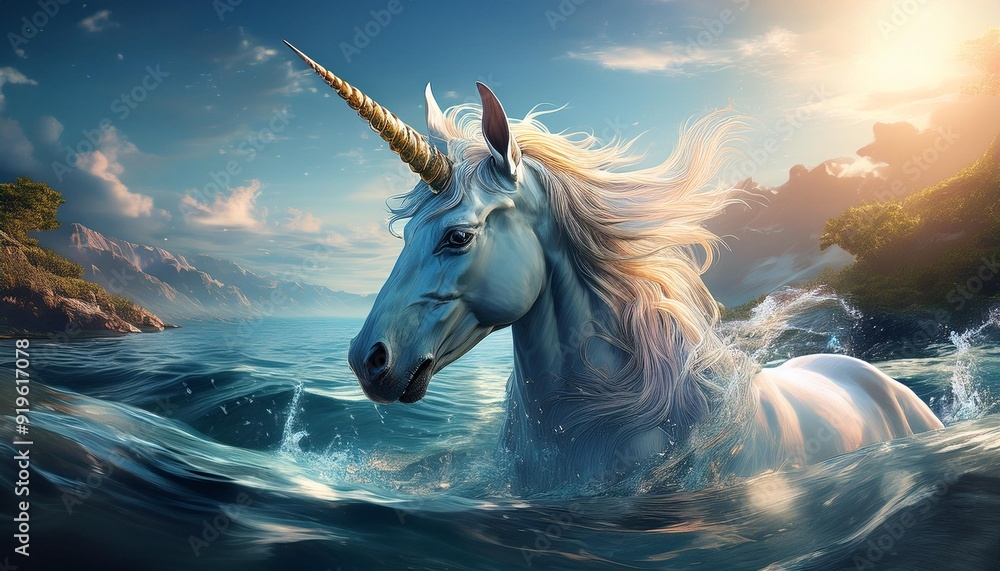 Water Unicorn- A unicorn emerging from the ocean or a lake, with a mane that flows like water, symbolizing purity and tranquility. Water Unicorn- A unicorn emerging from the ocean or a lake, with a mane that flows like water, symbolizing purity and tranquility.