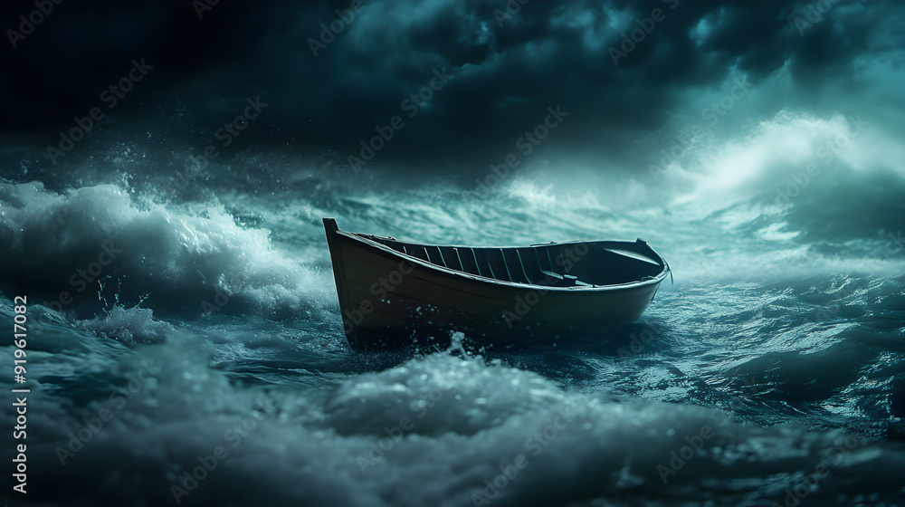 Obraz premium A stormy sea with a small boat, symbolizing the struggle of navigating intense emotions and anxiety.
