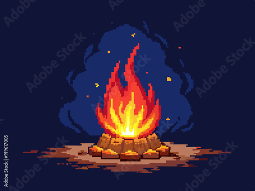 Pixel art campfire. Red bonfire, fire wood burning with big flame and sparks on dark night background. 8 bit pixel video game style vector isolated set
