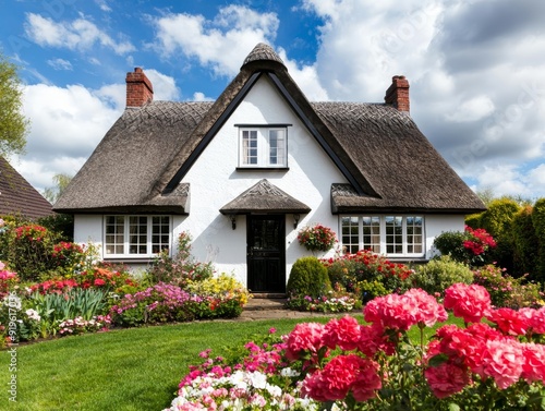 A traditional English cottage with a thatched roof and a garden full of flowers