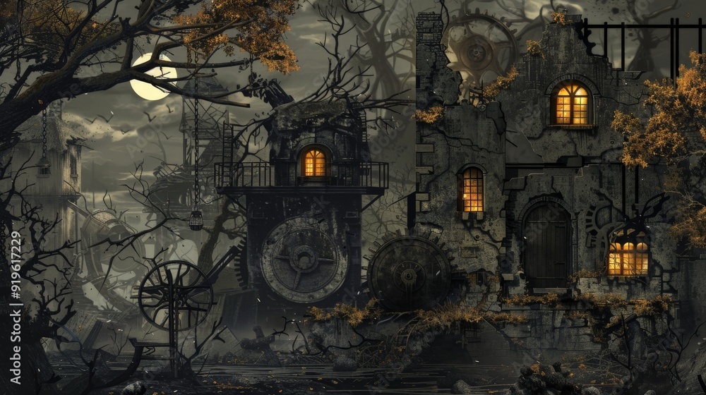 Illustrate a background of a spooky old mill with creaking gears, broken windows, and ghostly figures milling about. Illustrate a background of a spooky old mill with creaking gears, broken windows, and ghostly figures milling about.