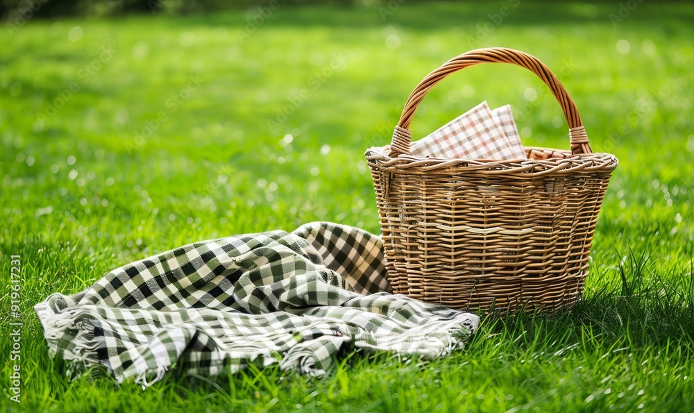 One picnic wicker basket with checkered napkin and blanket on green grass. Space for text One picnic wicker basket with checkered napkin and blanket on green grass. Space for text