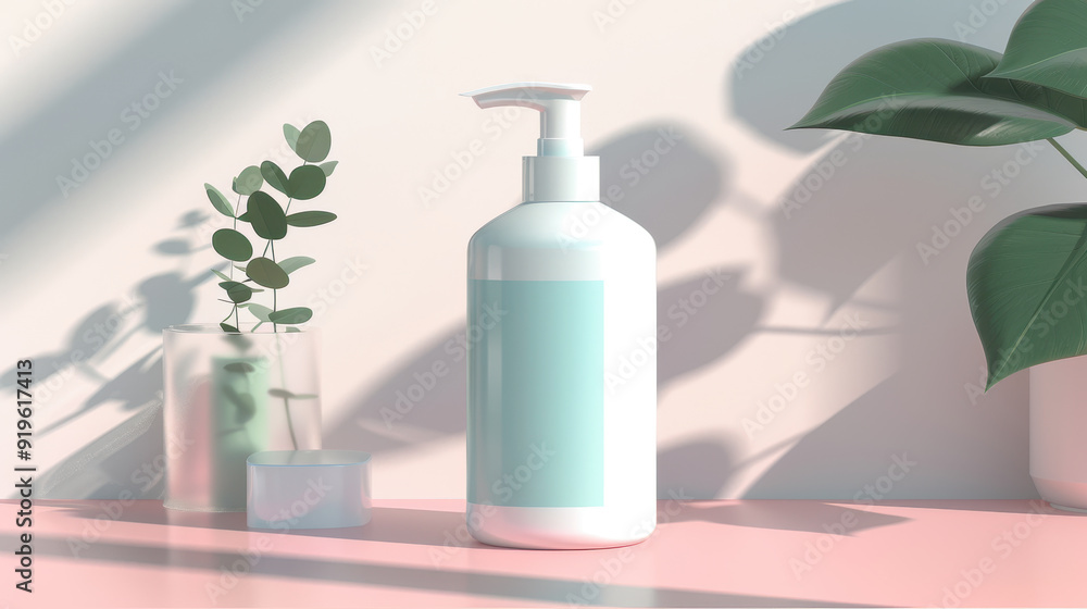 A sleek white lotion bottle with a minimalist label, set on a pink surface beside green leaves, under soft natural light A sleek white lotion bottle with a minimalist label, set on a pink surface beside green leaves, under soft natural light