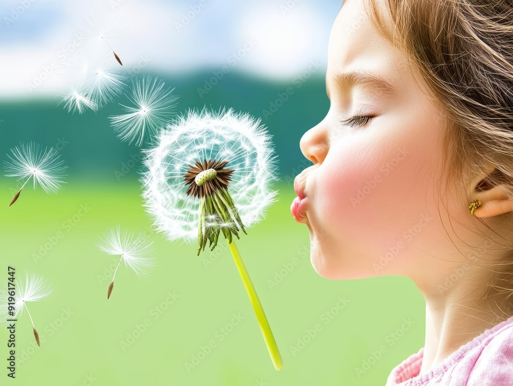 A young girl blowing dandelion seeds into the wind, with a soft-focus background of a green field A young girl blowing dandelion seeds into the wind, with a soft-focus background of a green field