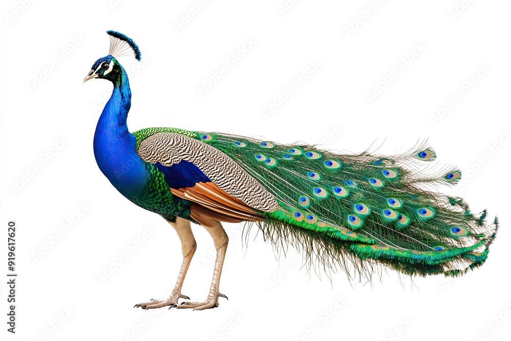 Fototapeta premium Peacock spreading feathers and calling isolated on a white background