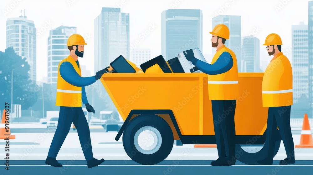 Construction workers unload items from a cart in an urban environment, showcasing teamwork and service in city development. Construction workers unload items from a cart in an urban environment, showcasing teamwork and service in city development.