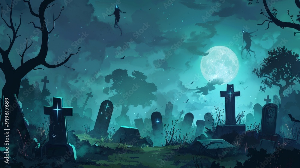 Illustrate a graveyard at night with tombstones, mist, and ghostly apparitions floating among the graves, ideal for Halloween. Illustrate a graveyard at night with tombstones, mist, and ghostly apparitions floating among the graves, ideal for Halloween.