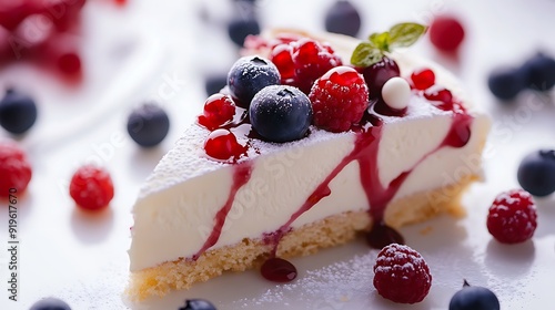 White Cheesecake Slice with Raspberries, Blueberries, and Red Sauce