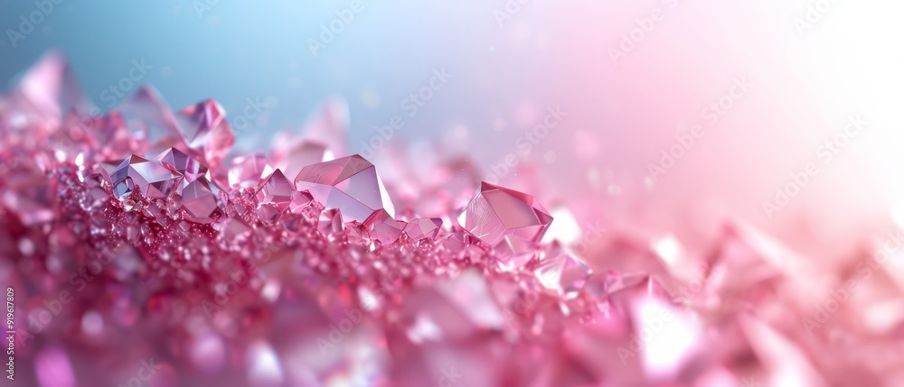 A tight shot of pink crystals against a backdrop of blue and pink The crystals are rendered sharply, while their foreground representation is slightly blurred A tight shot of pink crystals against a backdrop of blue and pink The crystals are rendered sharply, while their foreground representation is slightly blurred