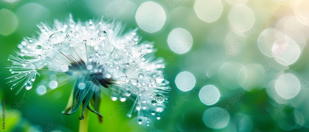 Obraz premium A dandelion in focus, drops of water clinging tightly, background softly blurred