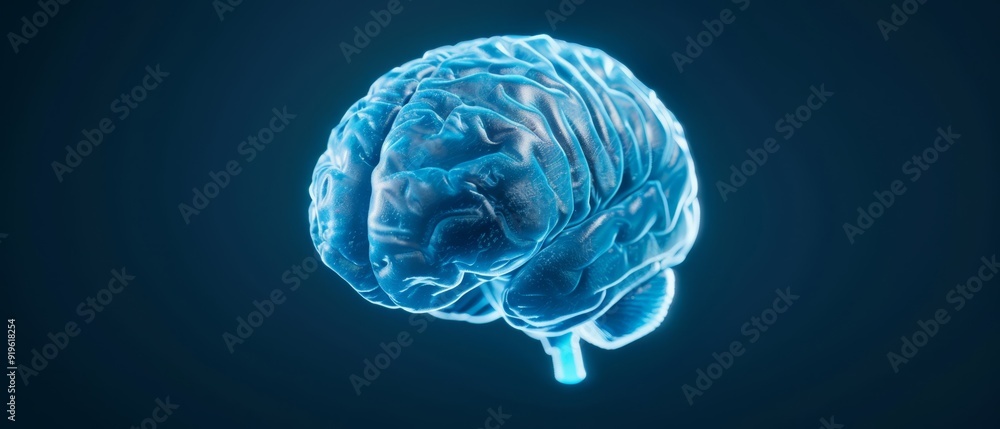 A 3D image of a human brain with a blue glow on the left and right hemispheres A 3D image of a human brain with a blue glow on the left and right hemispheres
