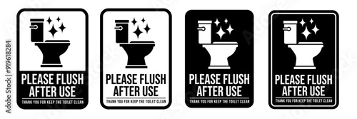 Please flush toilet after use sign, logo, badge, icon, sticker, label, emblem, stamp, symbol, black, line, flat vector, isolated illustration.