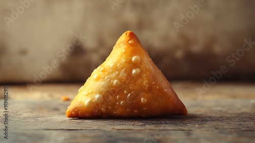 A Single Golden Brown Samosa on a Wooden Surface