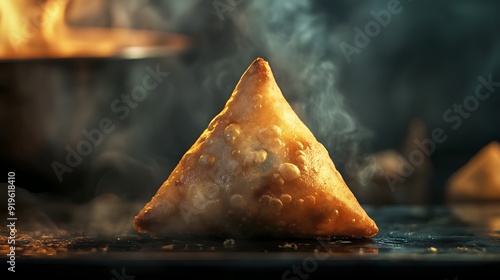 A Single Golden-Brown Samosa with Steam Rising on a Dark Surface