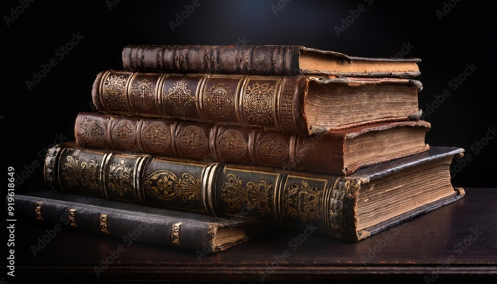 Antique Leather-Bound Books Stack Display Antique Leather-Bound Books Stack Display