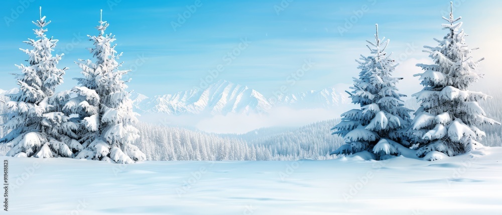 A snow-covered landscape featuring pine trees in the foreground and a distant mountain, also blanketed in snow A snow-covered landscape featuring pine trees in the foreground and a distant mountain, also blanketed in snow