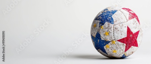  A tight shot of a soccer ball featuring an intricate star design on its exterior, and a red, white, and blue star motif encircling its interior photo