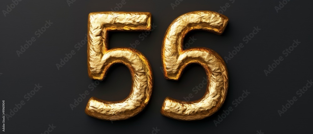 The number 55 appears to be formed from gold foil, taking the shape of a balloon The number 55 appears to be formed from gold foil, taking the shape of a balloon