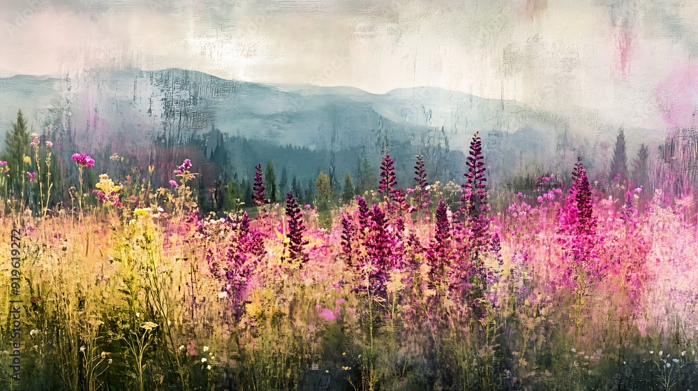 Naklejka premium A Field of Flowers in a Misty Mountain Landscape