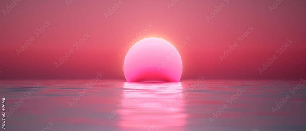 A large egg floats in the center of a tranquil body of water Behind it, a vibrant pink sky gradates to the horizon A large egg floats in the center of a tranquil body of water Behind it, a vibrant pink sky gradates to the horizon