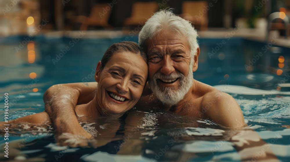 Fototapeta premium A joyful senior couple enjoys a playful moment in the pool, radiating happiness and love during their serene swimming experience.