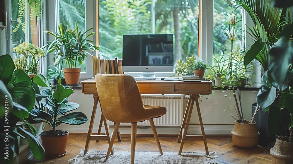 Fototapeta premium A cozy home office with a comfortable chair, a simple wooden desk, personal decor such as books and plants, large windows letting in ample natural light, and a warm, inviting atmosphere, hd quality,