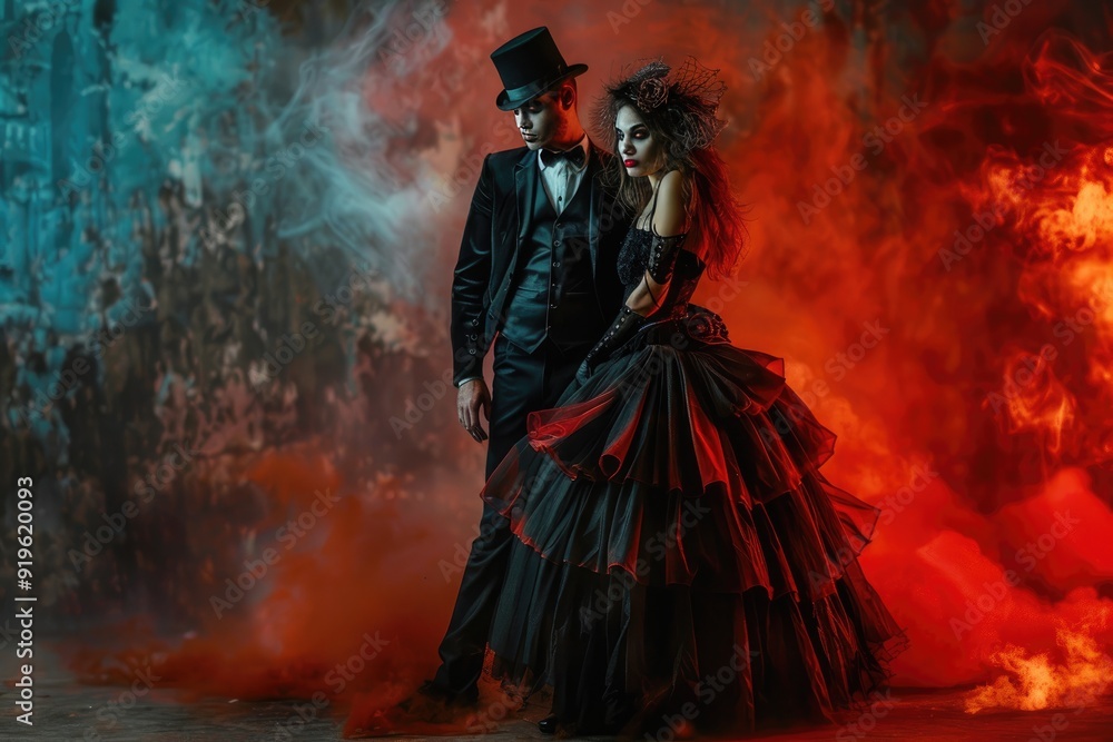 Fototapeta premium woman in red dress with man and red smoked background