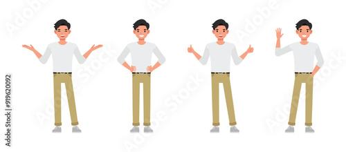 Men wear white shirt character set. Man points, OK gesture, say hello and presentation. Vector illustration cartoon design.