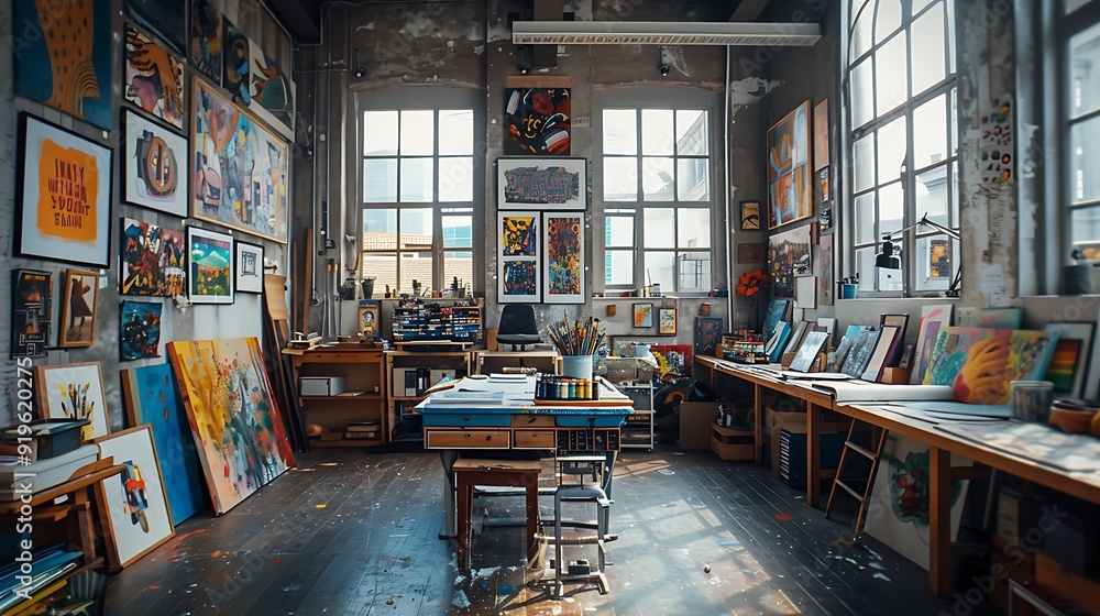 Fototapeta premium A creative studio filled with vibrant colors, inspirational artwork, and various creative tools and supplies, including paints, brushes, and canvases,