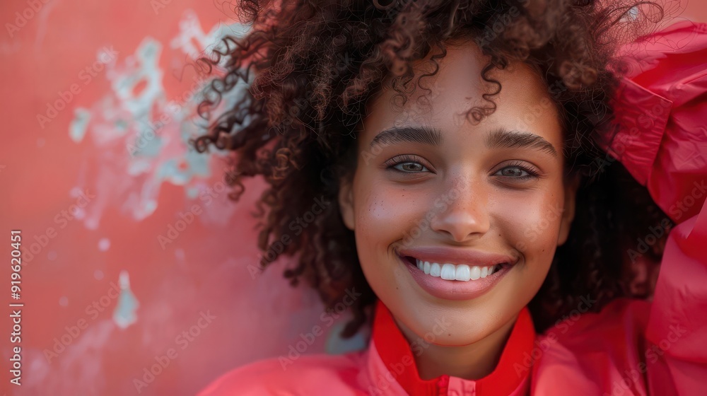A joyful woman with curly hair, dressed in a bright red jacket, smiles warmly against a vibrant textured background. A joyful woman with curly hair, dressed in a bright red jacket, smiles warmly against a vibrant textured background.