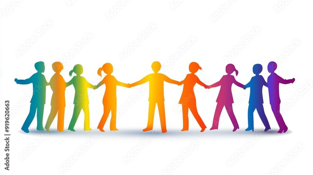 Supportive team and empathetic leader in a circle, vector style, radiant hues, on white background. Supportive team and empathetic leader in a circle, vector style, radiant hues, on white background.