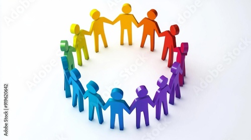 Leadership and team unity in a circle, vector representation, radiant colors, white isolated background.
