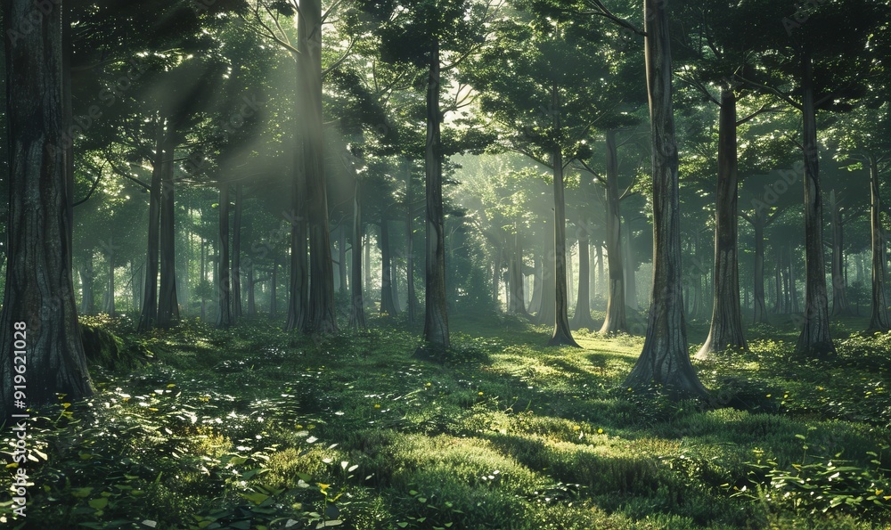 Fototapeta premium Peaceful forest scene with tall trees and dappled sunlight, natural tranquility