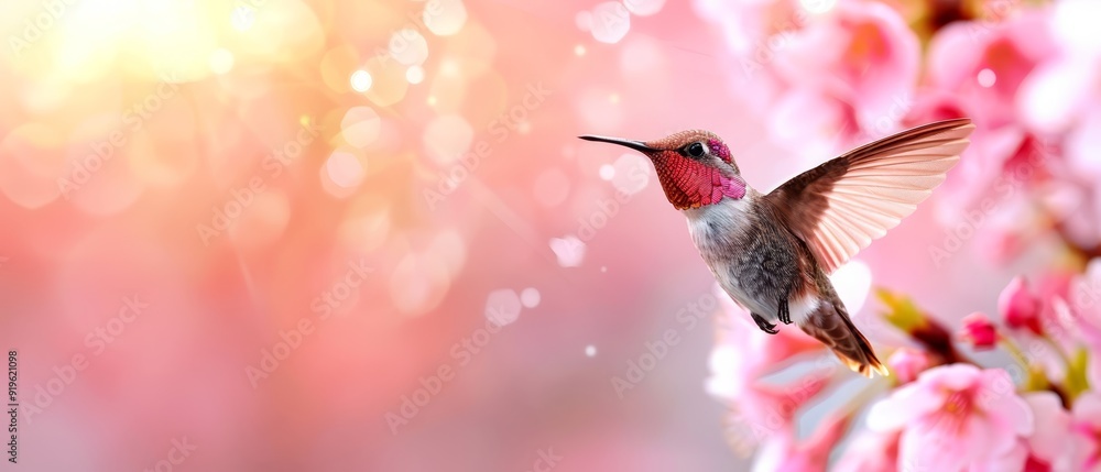 Naklejka premium A hummingbird rests on a pink bloom against a backdrop of softly blurred pink and white blossoms