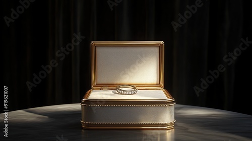 Golden ring box with diamond ring on a marble surface.