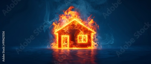  A house ablaze against a dark blue backdrop, mirrored in frame's center by its fiery reflection