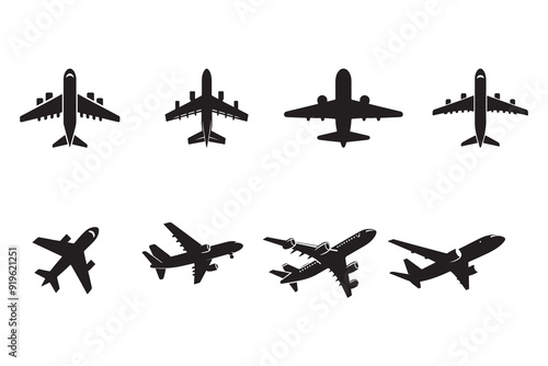 Set of black silhouettes of aircraft on a white background.