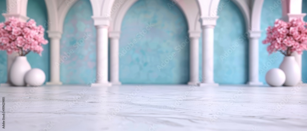 Group of vases, each holding pink flowers, atop white marble floor Blue wall behind Group of vases, each holding pink flowers, atop white marble floor Blue wall behind