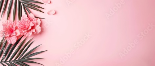  Pink backdrop with palm leaves and rosy flowers, dotted with water droplets Inscribe here ..Or, if you'd like