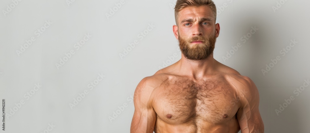 Fototapeta premium A bearded, shirtless man stands before a white wall, hands in pockets