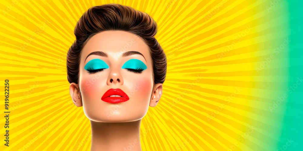 Striking pop art style portrait of a woman with vivid makeup against a vibrant yellow background. Perfect for beauty and fashion campaigns, editorial content, and graphic design projects emphasizing Striking pop art style portrait of a woman with vivid makeup against a vibrant yellow background. Perfect for beauty and fashion campaigns, editorial content, and graphic design projects emphasizing