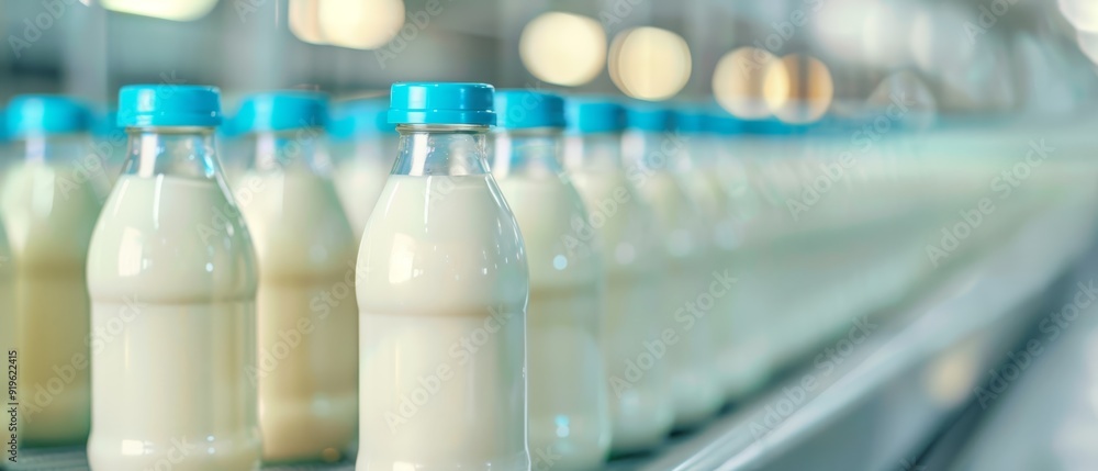 A conveyor belt holds a line of milk bottles, each capped with a blue top, in a milk processing plant A conveyor belt holds a line of milk bottles, each capped with a blue top, in a milk processing plant