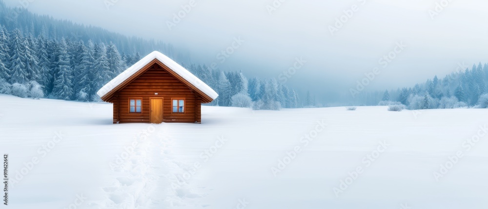 A cabin situated in a snow-covered field, marked by a winding path leading up to it Snow-laden trees form a backdrop behind the structure A cabin situated in a snow-covered field, marked by a winding path leading up to it Snow-laden trees form a backdrop behind the structure